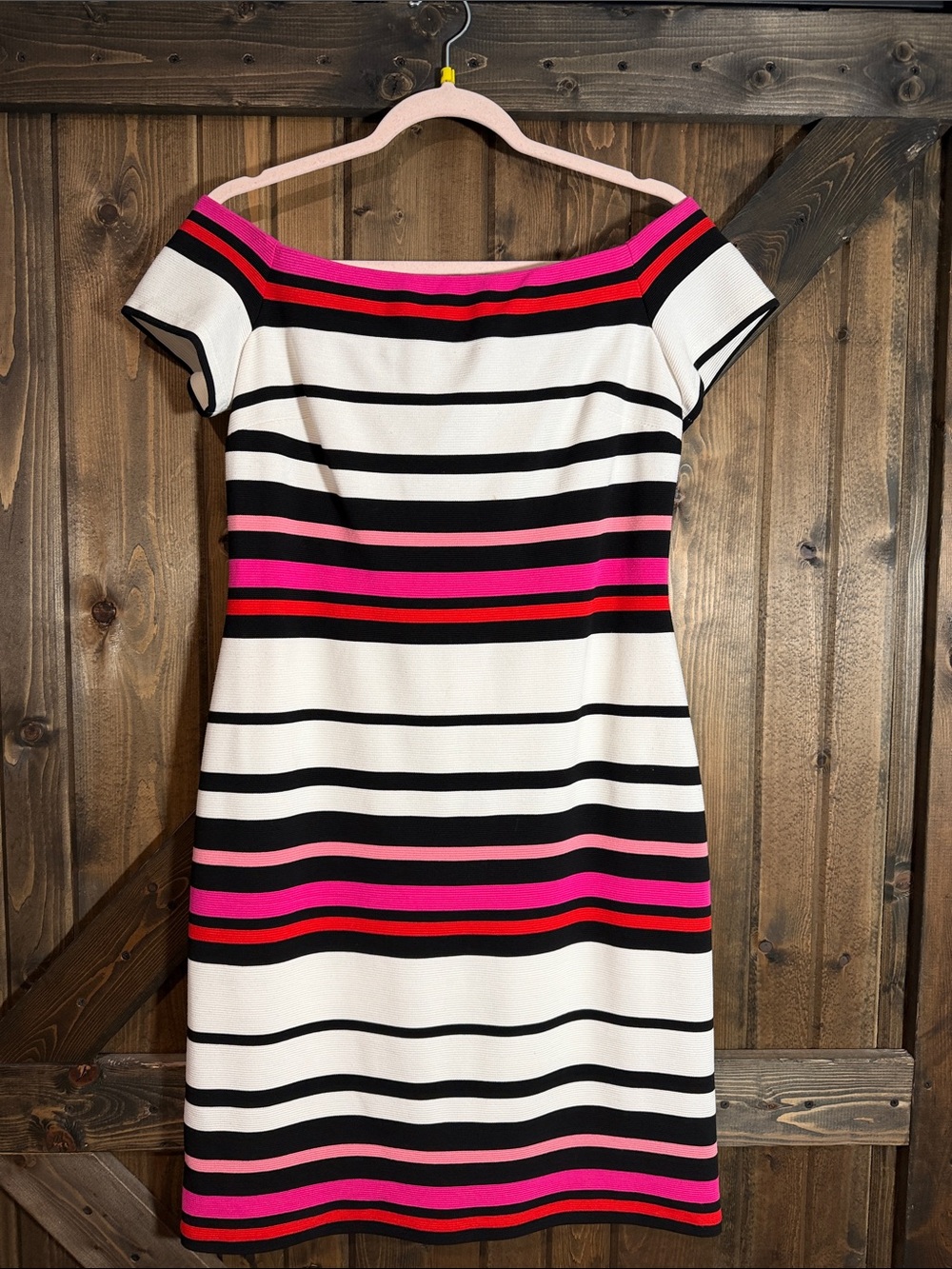 Frank Lyman Design Off-Shoulder Striped Mini Dress in White, Black & Pink